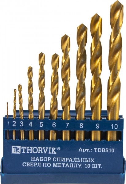 Набор спиральных сверл Thorvik HSS TiN TDBS10
