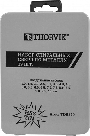 Набор спиральных сверл Thorvik HSS TiN TDBS19 TDBS19 – купить в , анонс
Набор спиральных сверл Thorvik HSS TiN TDBS19 – анонс, характеристики, TDBS19