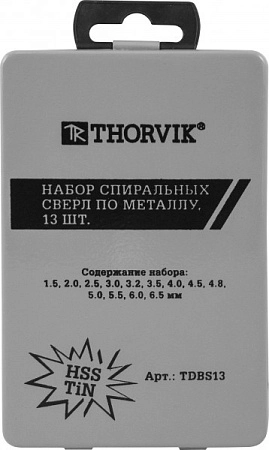 Набор спиральных сверл Thorvik HSS TiN TDBS13 TDBS13 – купить в , анонс
Набор спиральных сверл Thorvik HSS TiN TDBS13 – анонс, характеристики, TDBS13
