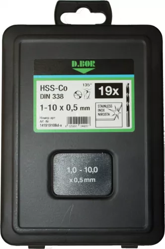 Набор сверл по металлу, Cobalt 5%, HSS-Co DIN 338, 19 шт. (1 - 10 х 0,5 мм.) &quot;D.BOR&quot; – купить в , подробное изображение 
