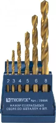 Набор спиральных сверл Thorvik HSS TiN TDBS6 TDBS6 – купить в , анонс
Набор спиральных сверл Thorvik HSS TiN TDBS6 – анонс, характеристики, TDBS6