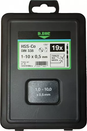 Набор сверл по металлу, Cobalt 5%, HSS-Co DIN 338, 19 шт. (1 - 10 х 0,5 мм.) &quot;D.BOR&quot; – анонс, характеристики, 