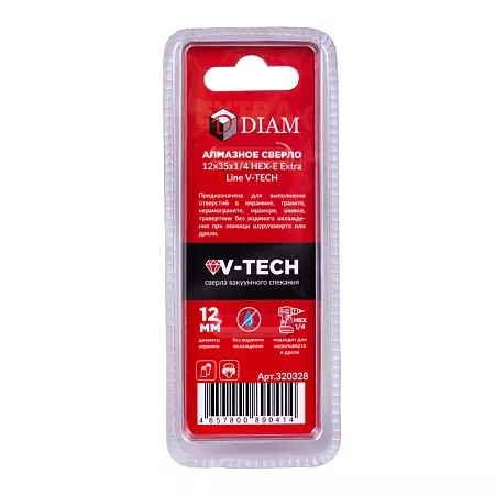 Сверло алмазное DIAM 12x35x1/4 HEX-E Extra Line V-TECH (в.спекание) (320328) DIAM – анонс, характеристики, 320328 