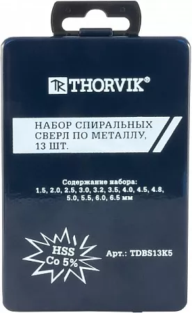 Набор спиральных сверл Thorvik HSS Co TDBS13K5 – анонс, характеристики, TDBS13K5 