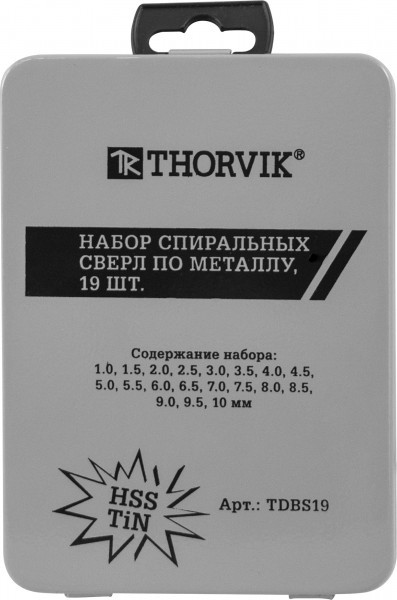 Набор спиральных сверл Thorvik HSS TiN TDBS19 – купить в , подробное изображение 

