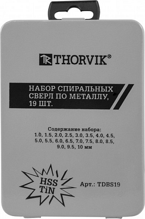 Набор спиральных сверл Thorvik HSS TiN TDBS19 – анонс, характеристики, TDBS19 