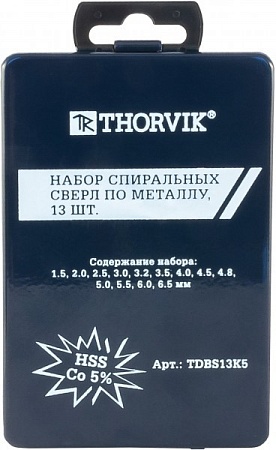 Набор спиральных сверл Thorvik HSS Co TDBS13K5 – анонс, характеристики, TDBS13K5 
